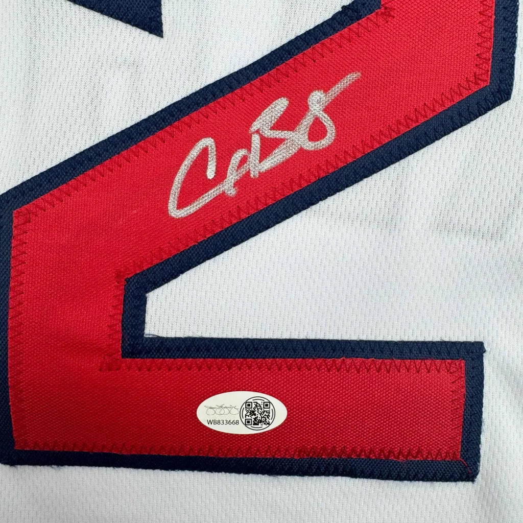 Autographed Alex Bregman custom white baseball jersey with red and navy number 2, JSA COA