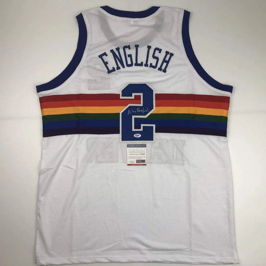 White mesh custom basketball jersey with navy trim rainbow stripe and signed number 2 from professional sports league