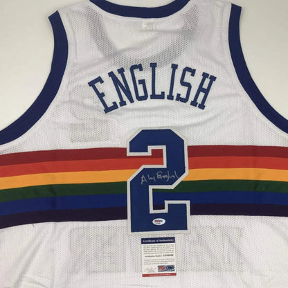 Back of white mesh custom jersey with navy trim and rainbow stripe featuring signed number 2 from professional sports league