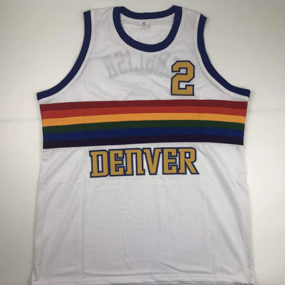 Autographed alex english white mesh basketball jersey with navy trim rainbow stripe and gold denver lettering professional sports custom jersey