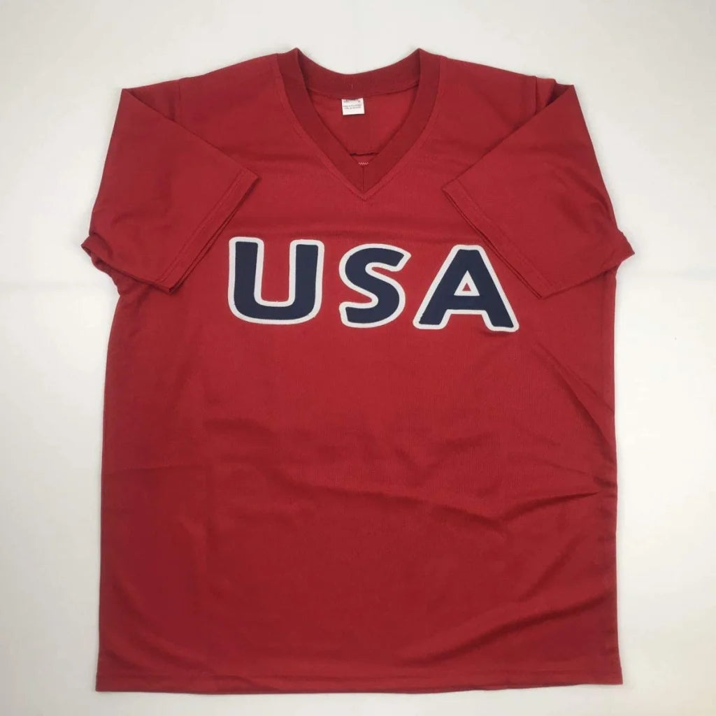 Autographed Alex Morgan red USA V-neck t-shirt with navy USA print