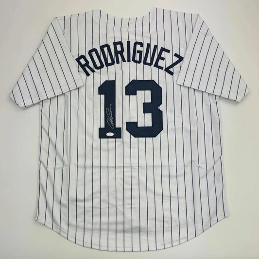 White pinstriped professional sports league custom jersey with Rodriguez 13 autograph