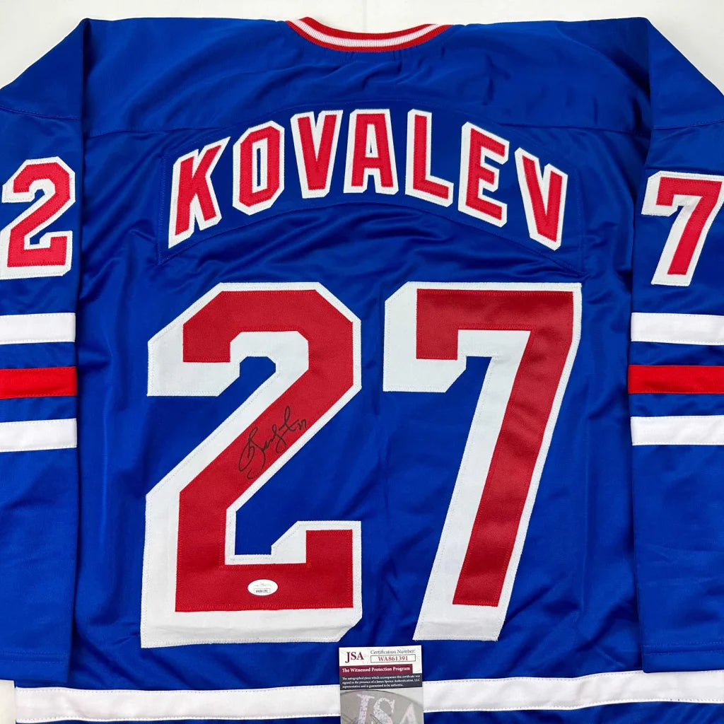 Autographed Alexei Kovalev custom New York Rangers blue hockey jersey, number 27, JSA COA