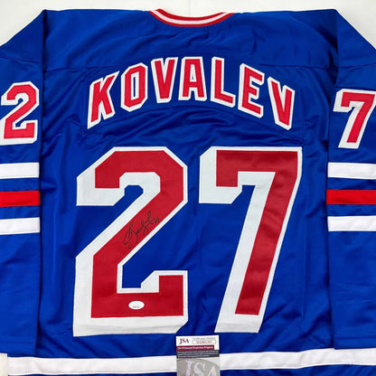 Autographed Alexei Kovalev custom New York Rangers blue hockey jersey, number 27, JSA COA
