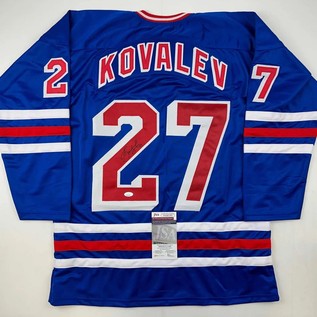 Autographed Alexei Kovalev custom blue New York Rangers jersey with red accents, number 27, JSA COA
