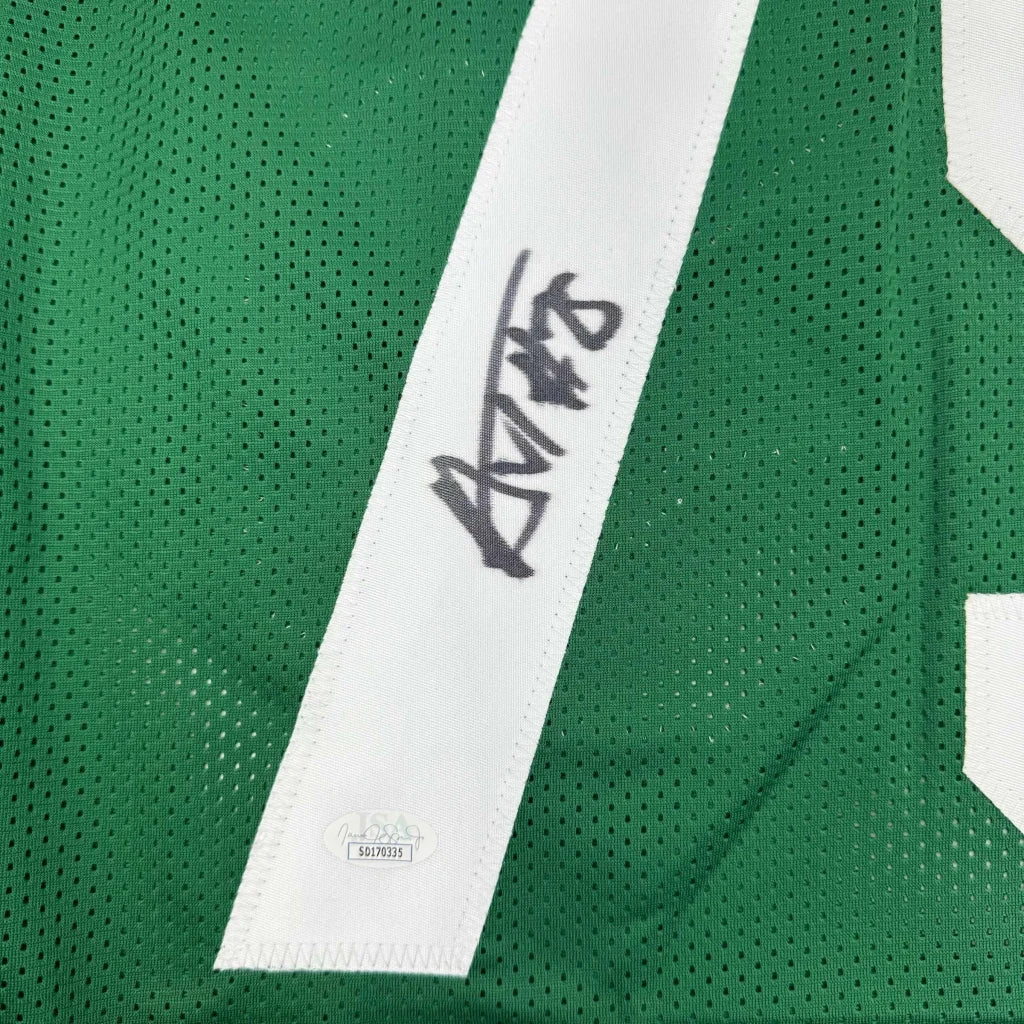 Green mesh jersey with white stripe and black autograph for professional sports fans