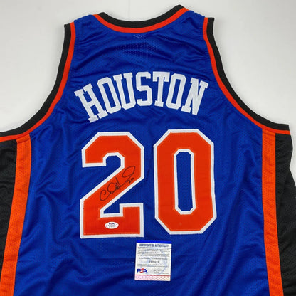 Autographed Allan Houston New York Knicks custom jersey with blue and orange design, number 20, Houston name, and signature