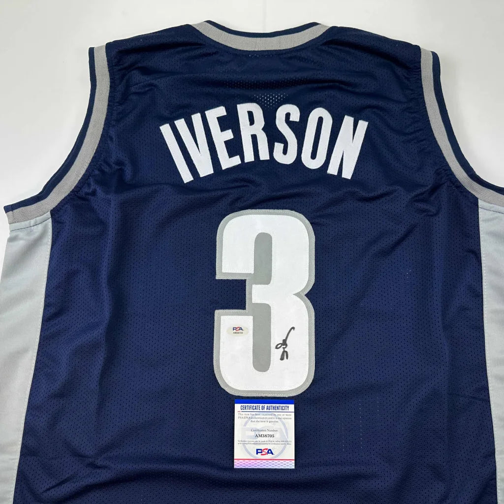 Autographed Allen Iverson Georgetown Blue College Basketball Jersey PSA/DNA COA | Certified Authentic Signed Memorabilia | vintageantiquesgifts.com