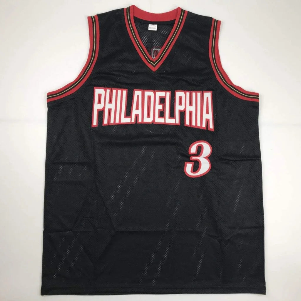 Black sleeveless custom jersey with red and white trim from professional sports league