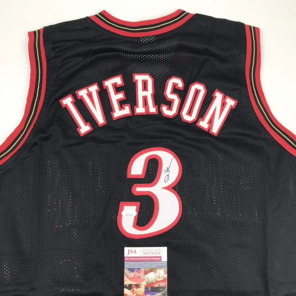 Black Iverson #3 custom jersey from professional sports league with signature and JSA sticker
