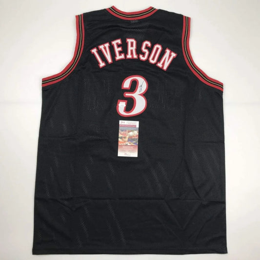 Black mesh Iverson custom jersey from professional sports league with authentication sticker