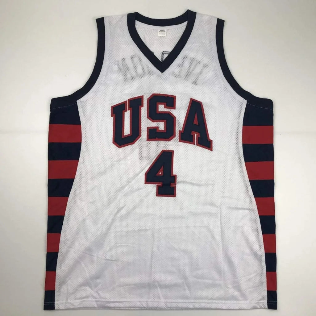 White mesh IVERSON 4 custom jersey with USA and stripes for professional sports fans