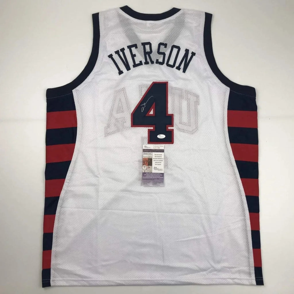 White IVERSON 4 custom jersey signed for basketball fans, no professional sports logos