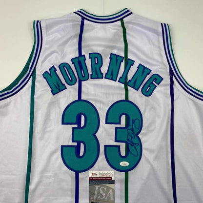 White Alonzo Mourning custom jersey from the Professional Sports League era with autograph and JSA sticker