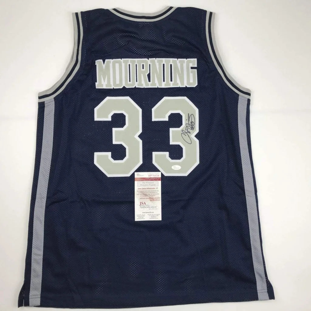 Autographed Alonzo Mourning custom jersey in navy blue mesh with gray 33