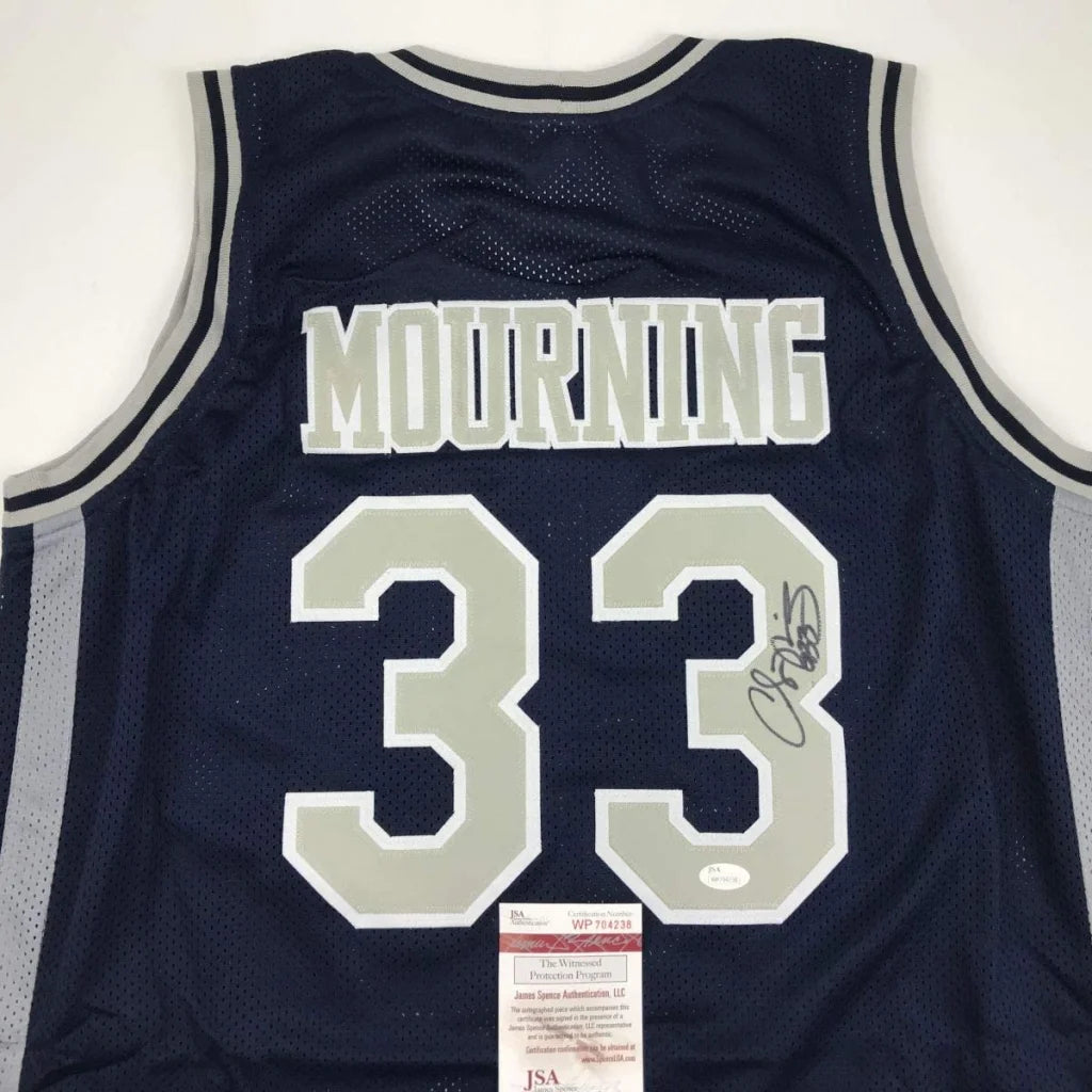 Autographed Alonzo Mourning custom jersey with number 33 in navy blue mesh