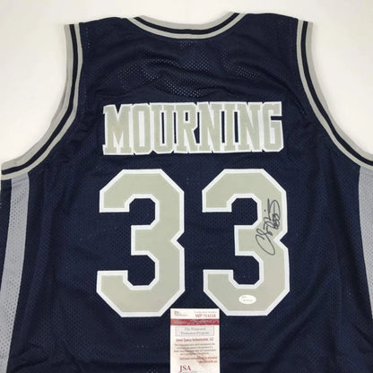 Autographed Alonzo Mourning custom jersey with number 33 in navy blue mesh