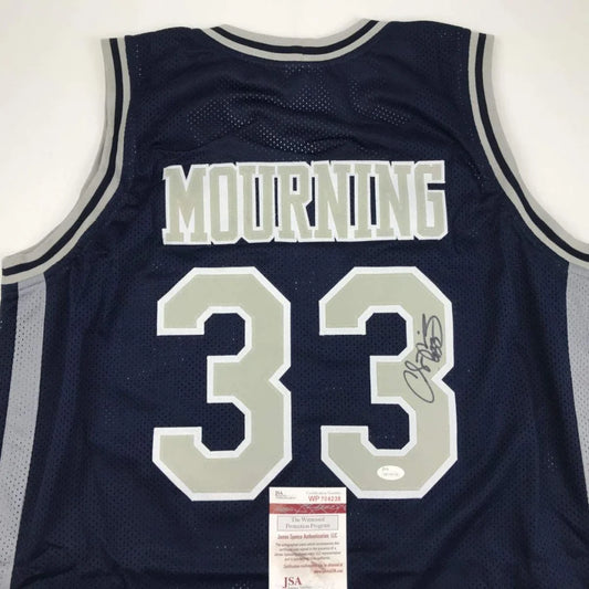 Autographed Alonzo Mourning custom jersey with number 33 in navy blue mesh