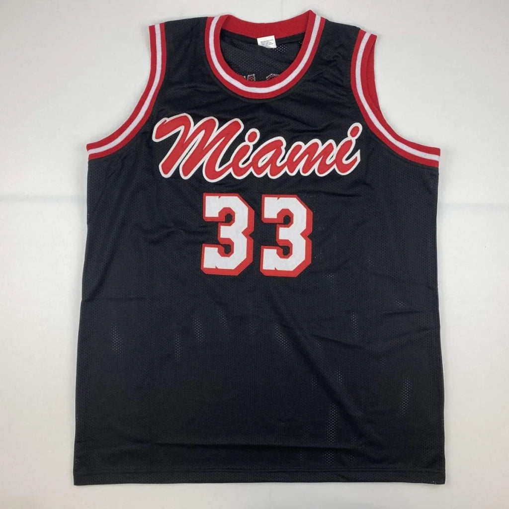 Black Miami basketball custom jersey with red and white trim and number 33 for professional sports fans