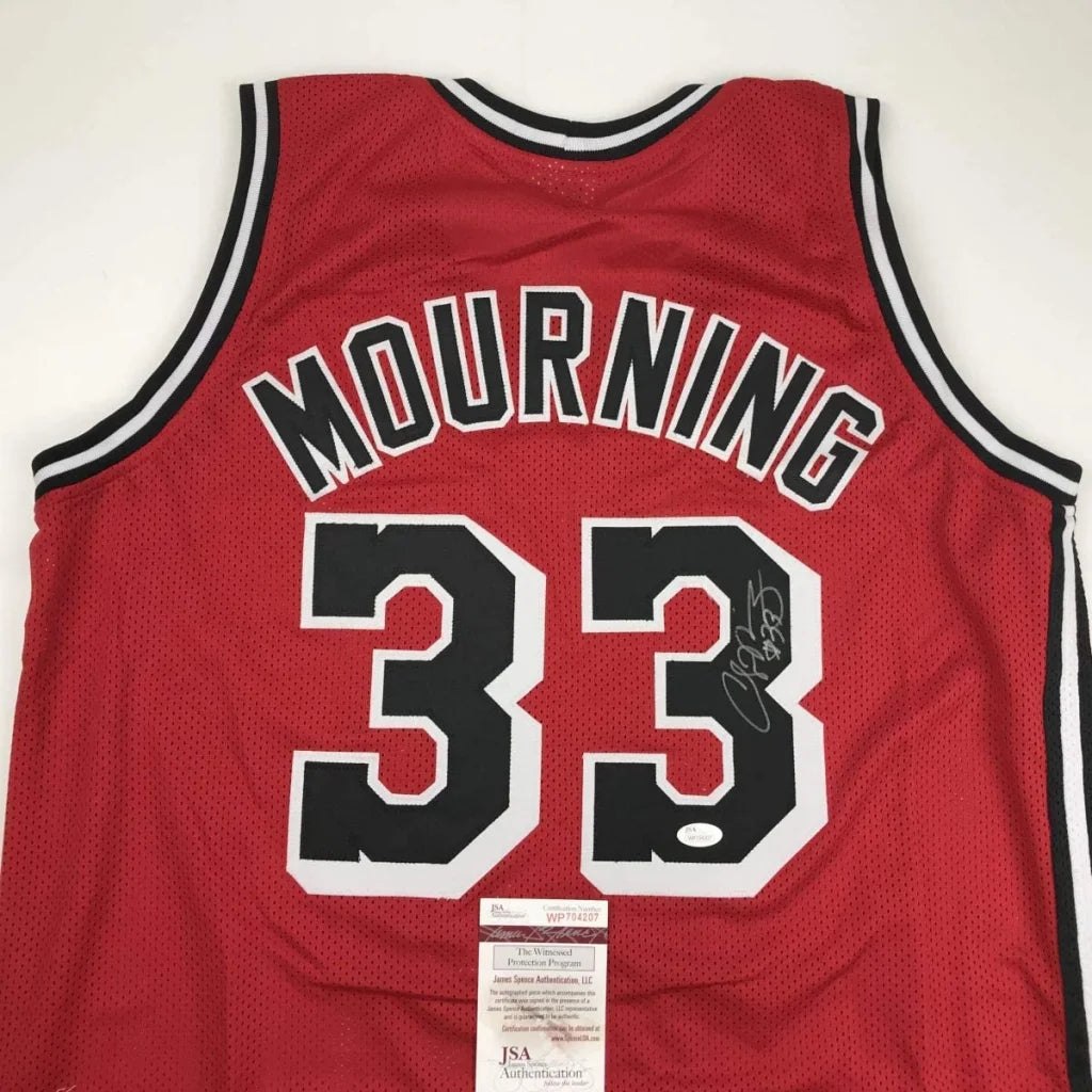 Autographed Alonzo Mourning custom jersey, red mesh with name 33, JSA COA