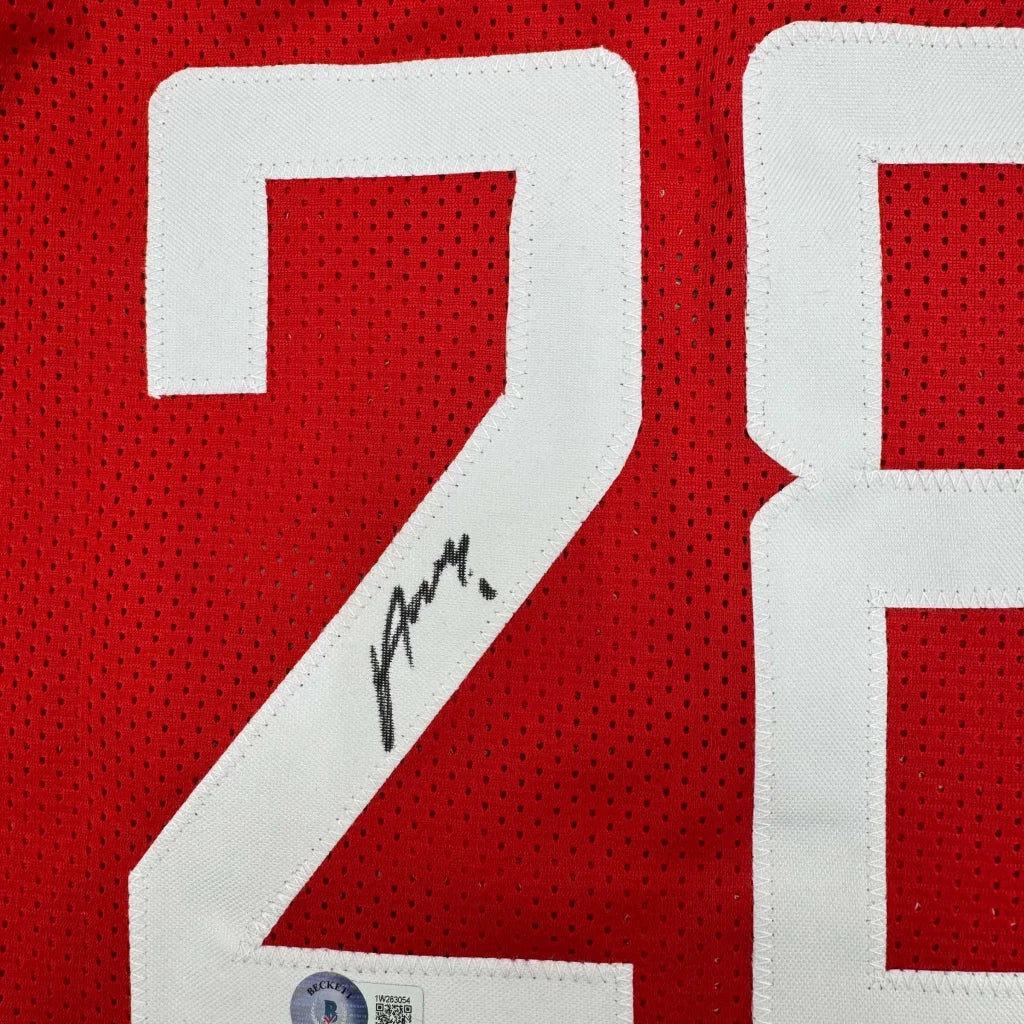 Red mesh custom jersey with white number 28 and black autograph for professional sports league use