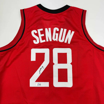 Red mesh autographed Alperen Sengun Houston custom basketball jersey with black trim and white lettering from professional sports league