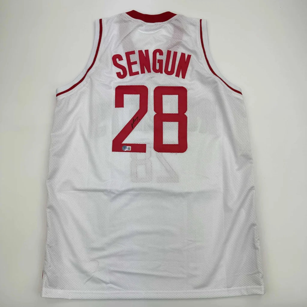 Alperen Sengun Houston White Jersey sports memorabilia with red trim and numbers