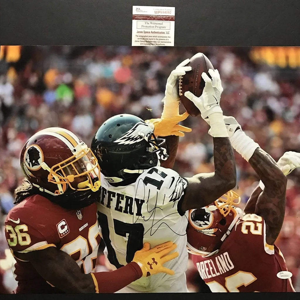 Autographed Alshon Jeffery Eagles jersey and action photo catching a football