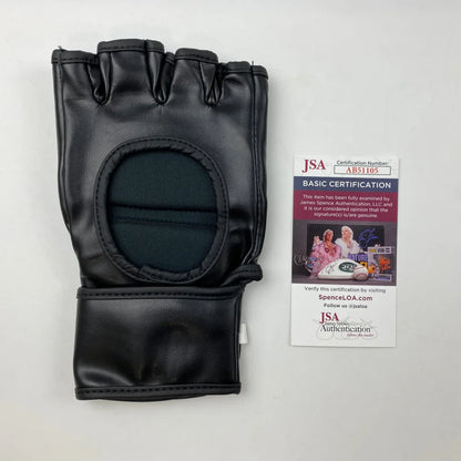 Black fingerless faux leather MMA glove with wrist strap and third party authentication