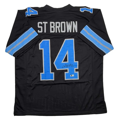 Autographed Amon-Ra St. Brown Detroit Black Football Jersey Beckett BAS COA | Hall of Fame Sports Memorabilia | vintageantiquesgifts.com