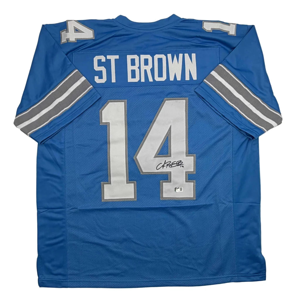 Autographed Amon-Ra St. Brown Detroit Current Blue Football Jersey Beckett BAS COA | Hall of Fame Sports Memorabilia | vintageantiquesgifts.com