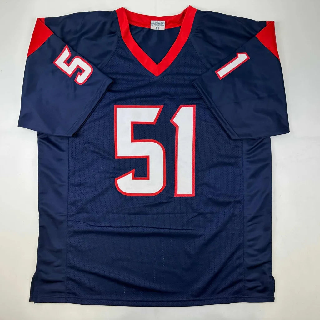 Navy blue custom football jersey with red and white accents number 51 autographed by will anderson jr professional sports league