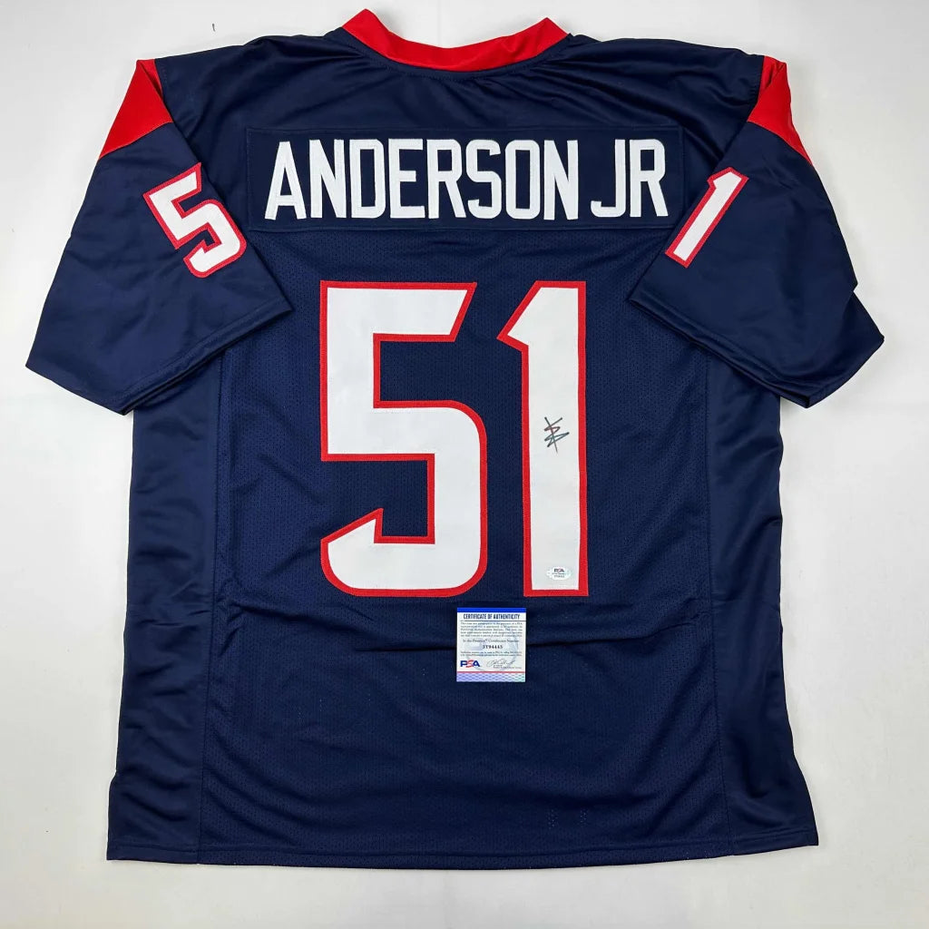 Back of navy blue and red custom jersey with white number 51 and name anderson jr from professional sports league