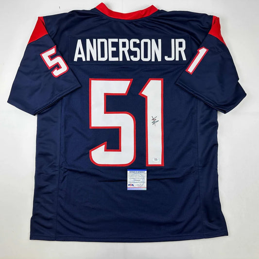 Back of navy blue and red custom jersey with white number 51 and name anderson jr from professional sports league