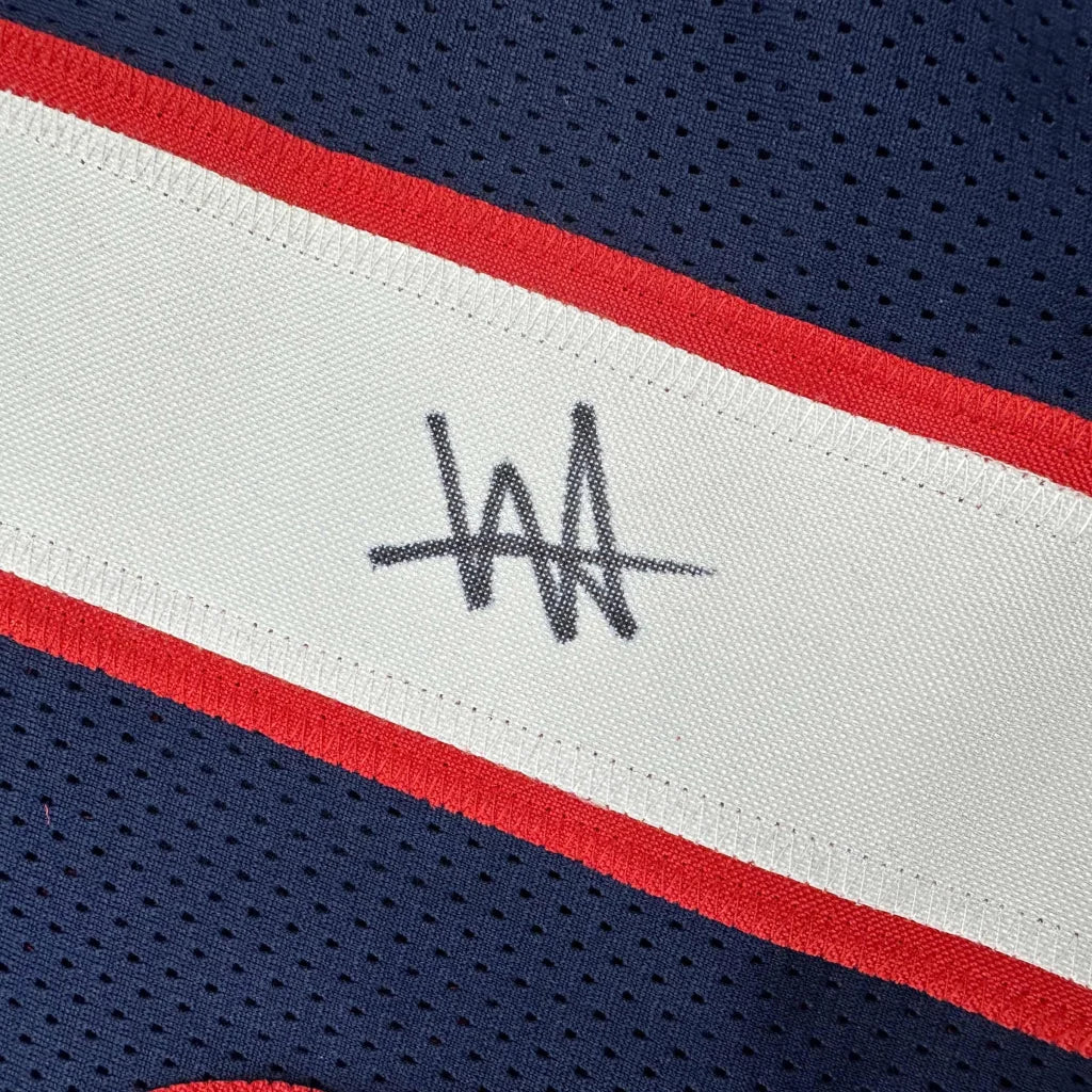 Autographed navy blue red and white Houston Will Anderson Jr custom jersey with black stitched signature for professional sports league