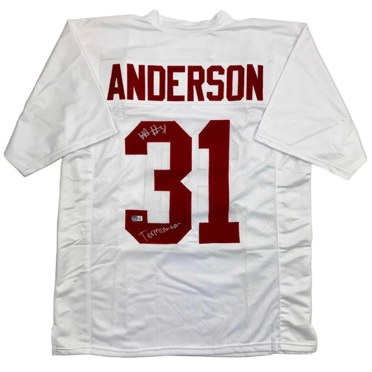 Back of autographed Will Anderson Terminator custom Alabama white jersey, number 31