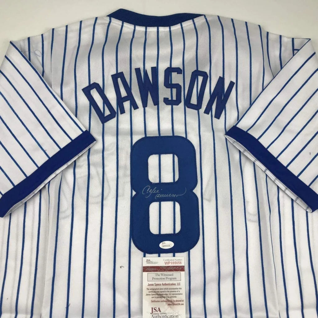 Autographed Andre Dawson Chicago White Pinstripe Baseball Jersey JSA COA | Certified Authentic Signed Memorabilia | vintageantiquesgifts.com