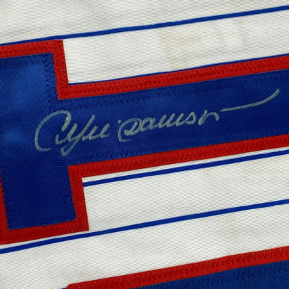 Autographed white, blue, and red striped custom jersey from a pro sports league