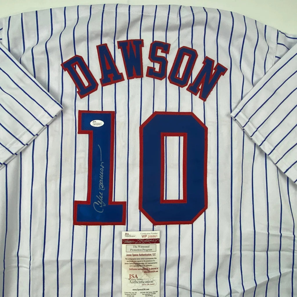 White pinstriped DAWSON 10 custom jersey signed, authentic sports league memorabilia