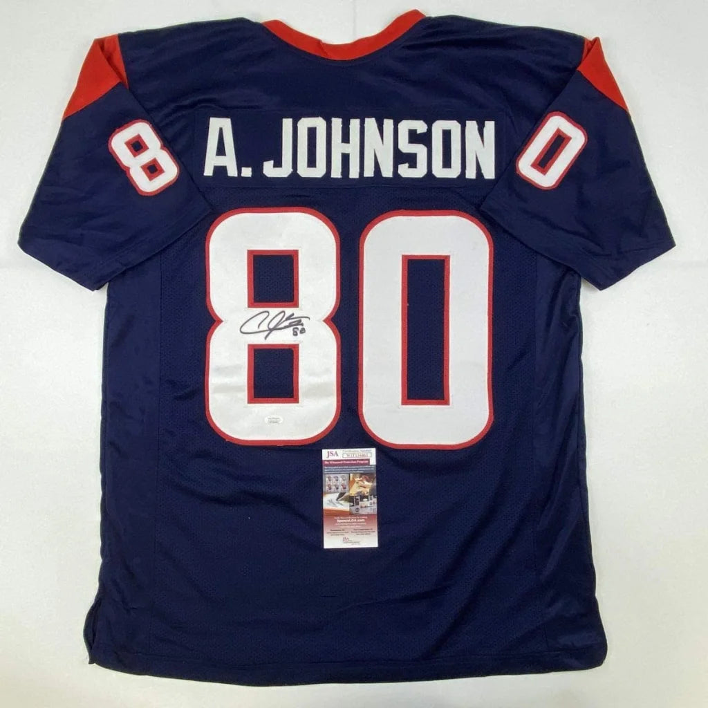 Autographed navy blue custom jersey from Professional Sports League with red and white accents