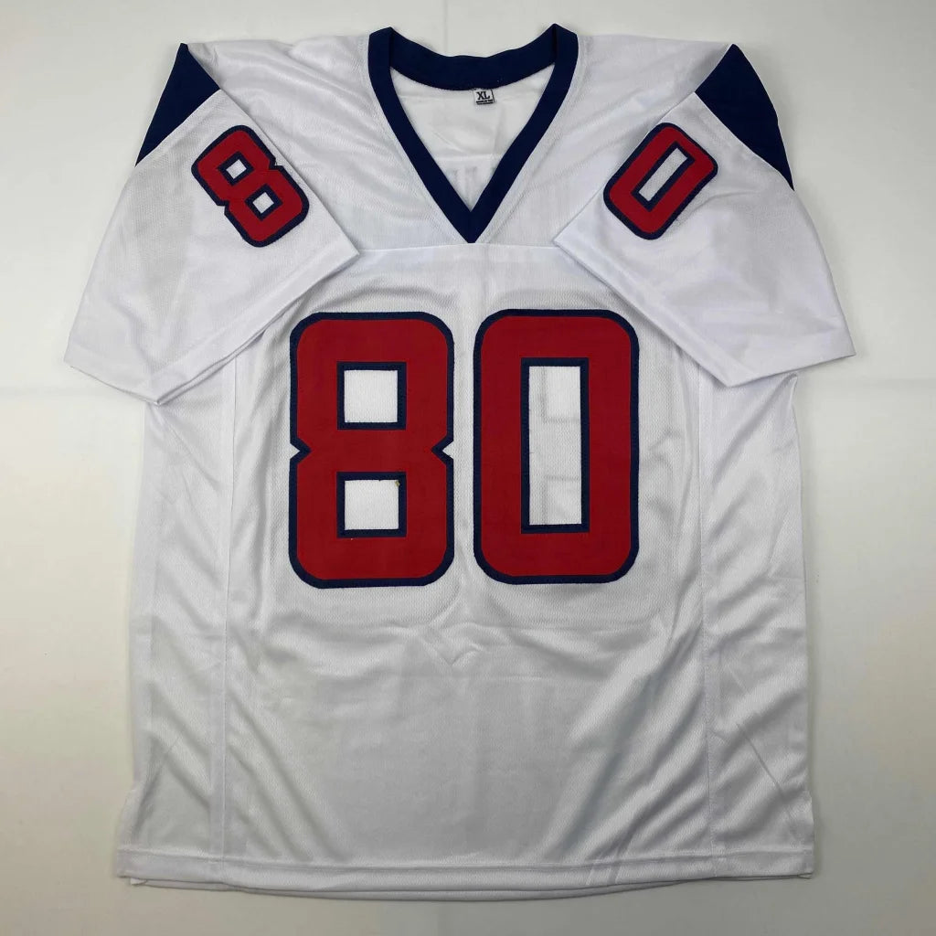 White custom football jersey with red numbers outlined in blue from Professional Sports League