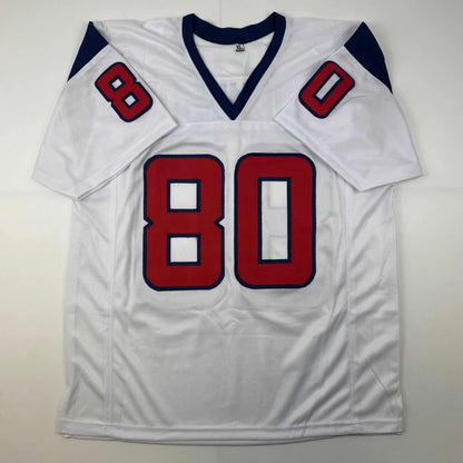 White custom football jersey with red numbers outlined in blue from Professional Sports League