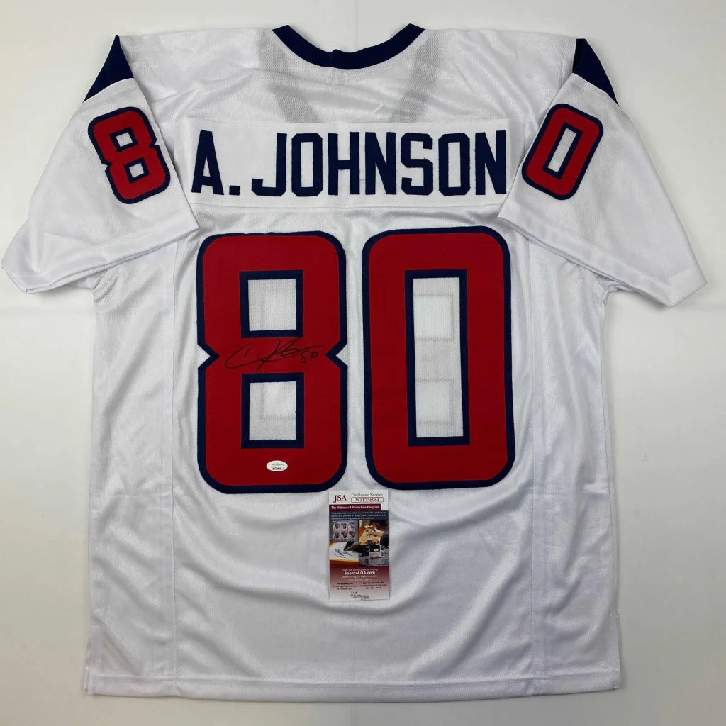 White custom jersey from Professional Sports League with red blue accents and autograph