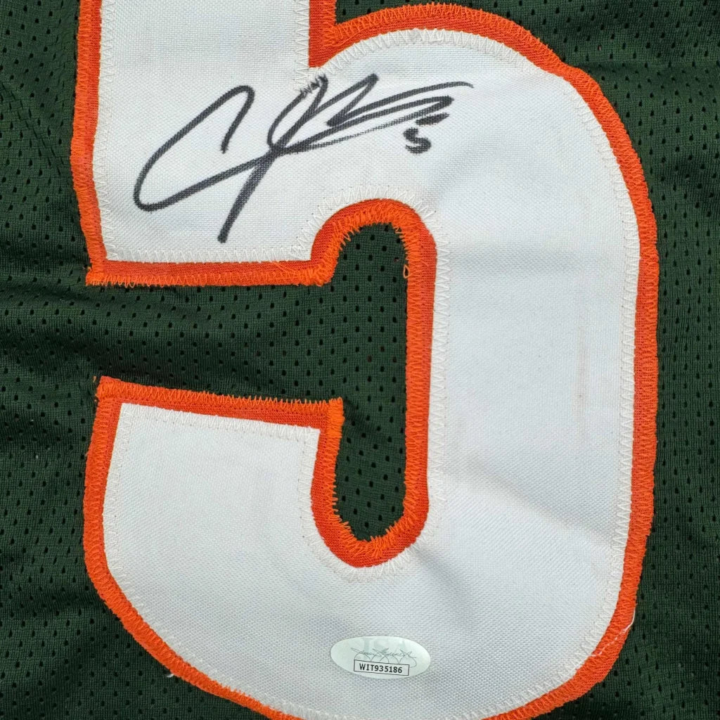 Autographed green Andre Johnson Miami custom jersey with JSA COA and orange number 5