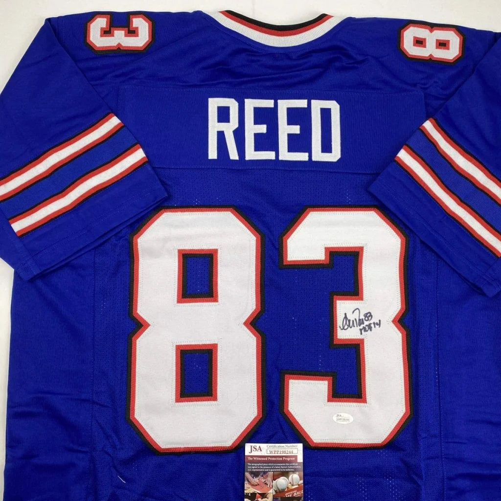 Autographed Andre Reed HOF 14 Buffalo Bills blue custom jersey back, number 83