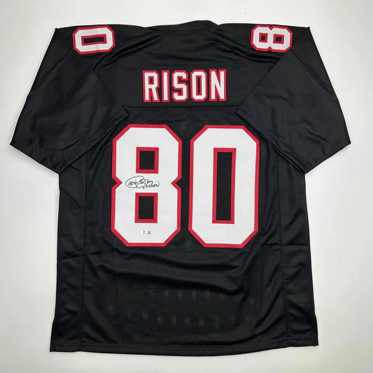 Autographed Andre Rison black custom jersey back, number 80, Beckett BAS COA