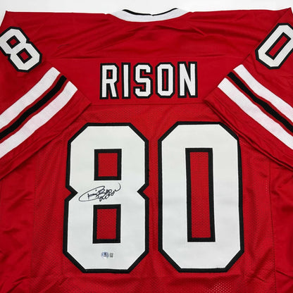 Autographed Andre Rison Atlanta Red Football Jersey Beckett BAS COA | Certified Authentic Signed Memorabilia | vintageantiquesgifts.com