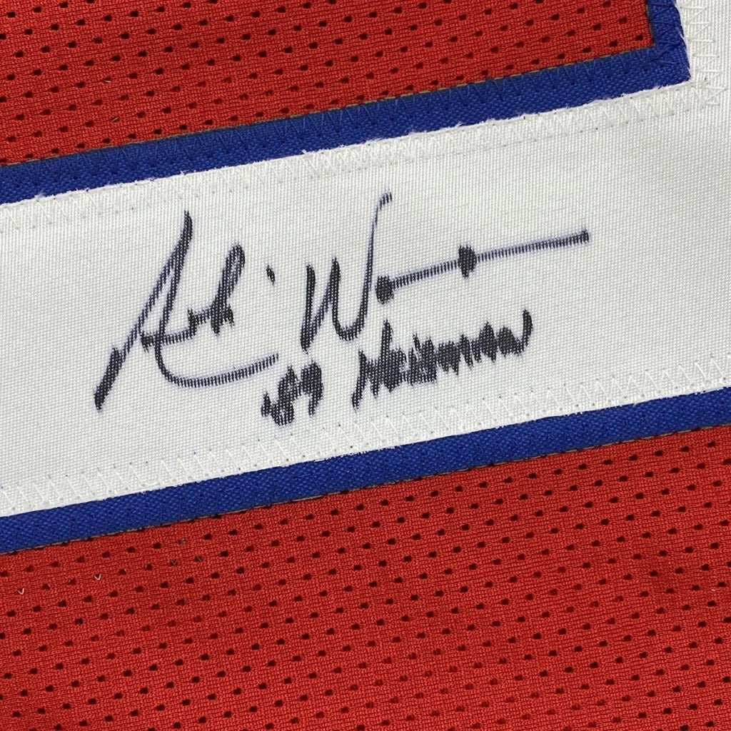 Red mesh fabric with white and blue stripe signed in black ink for Houston Red Jersey with JSA COA