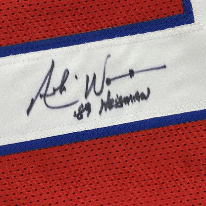 Red mesh fabric with white and blue stripe signed in black ink for Houston Red Jersey with JSA COA