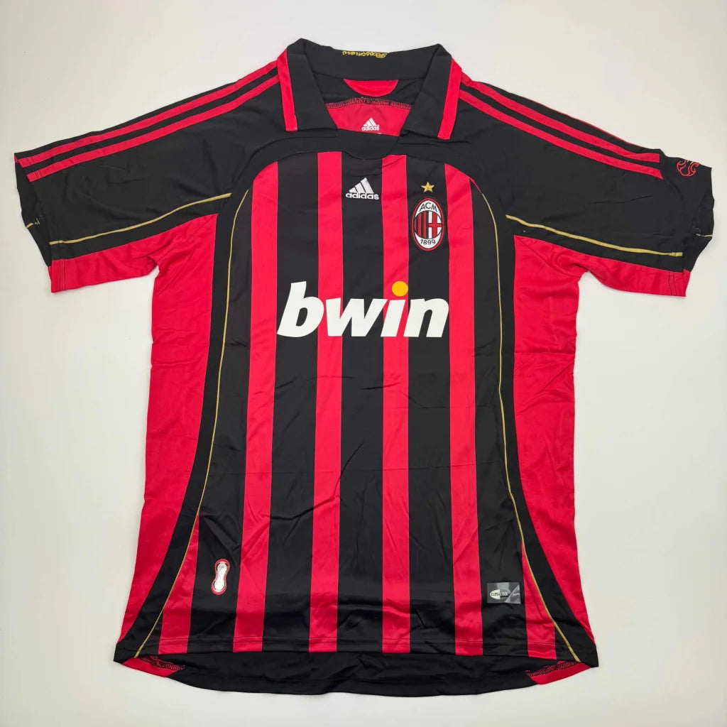 Red and black striped Adidas AC Milan soccer jersey for professional sports league fans